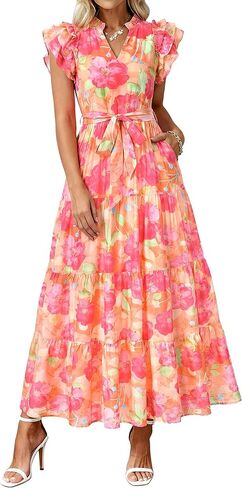 dowerme Women Summer Maxi Dresses 2026 Ruffle Sleeve V Neck Floral Boho Long Dress Belted Tiered Sundress with Pockets in Saudi Arabia
