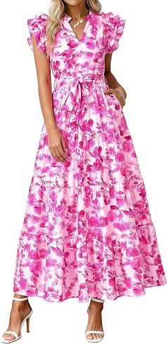 dowerme Women Summer Maxi Dresses 2026 Ruffle Sleeve V Neck Floral Boho Long Dress Belted Tiered Sundress with Pockets in Saudi Arabia