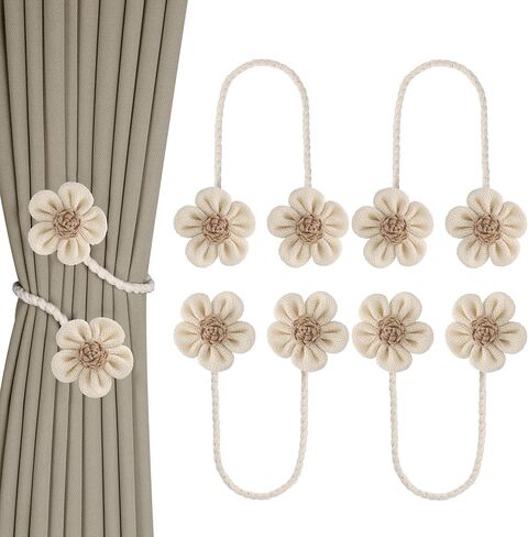 Meplait 2 حزمة بوهو زهرة الستار Tiebacks الستار Holdbacks، لا الحفر DIY الستار العلاقات أصحاب الستائر الزخرفية لغرفة نوم الحضانة نافذة العلاج الديكور (البيج والكاكي) in Kuwait