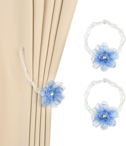 SUQ I OME 1 Pair of Curtain Tiebacks, Elegant Pearl Beaded Magnetic Curtain Tieback with Handmade Flower Decorative Drapery Holdbacks Rope Holder for Home, Office,Blue in Saudi Arabia