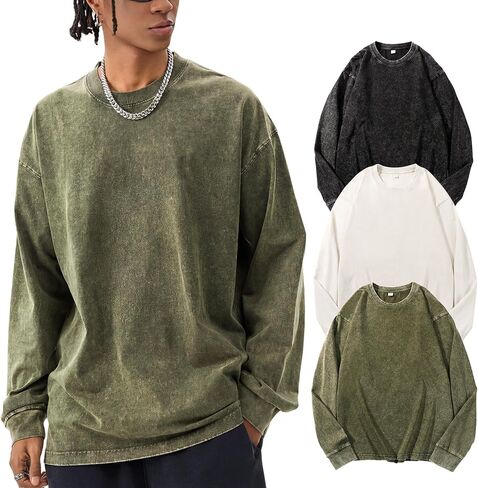 Yimoon بلايز كبيرة الحجم للرجال قمصان قطنية طويلة الأكمام خمر حمض غسل فضفاض تيز عادية Crewneck تي شيرت in Saudi Arabia