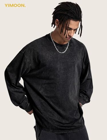 Yimoon بلايز كبيرة الحجم للرجال قمصان قطنية طويلة الأكمام خمر حمض غسل فضفاض تيز عادية Crewneck تي شيرت in Saudi Arabia