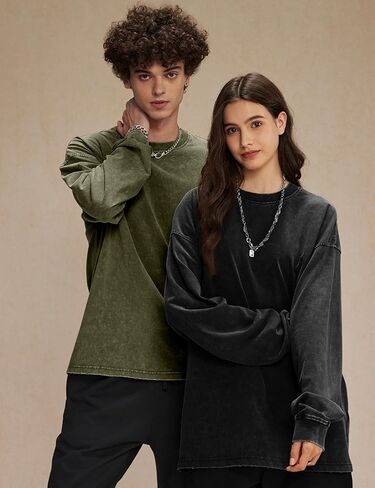 Yimoon بلايز كبيرة الحجم للرجال قمصان قطنية طويلة الأكمام خمر حمض غسل فضفاض تيز عادية Crewneck تي شيرت in Saudi Arabia