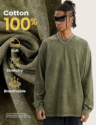 Yimoon بلايز كبيرة الحجم للرجال قمصان قطنية طويلة الأكمام خمر حمض غسل فضفاض تيز عادية Crewneck تي شيرت in Saudi Arabia