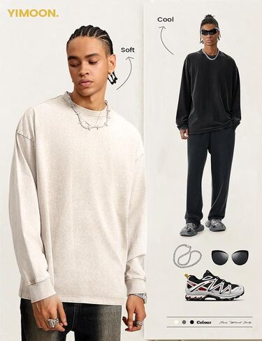Yimoon بلايز كبيرة الحجم للرجال قمصان قطنية طويلة الأكمام خمر حمض غسل فضفاض تيز عادية Crewneck تي شيرت in Saudi Arabia