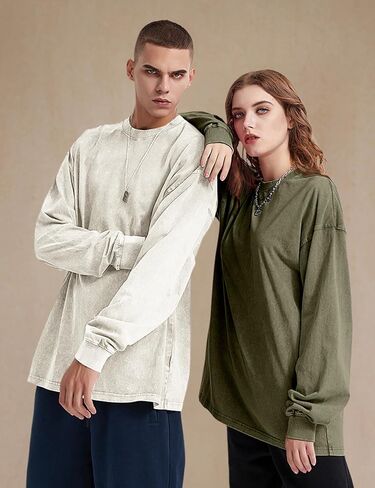 Yimoon بلايز كبيرة الحجم للرجال قمصان قطنية طويلة الأكمام خمر حمض غسل فضفاض تيز عادية Crewneck تي شيرت in Saudi Arabia