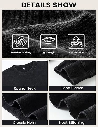 Yimoon بلايز كبيرة الحجم للرجال قمصان قطنية طويلة الأكمام خمر حمض غسل فضفاض تيز عادية Crewneck تي شيرت in Saudi Arabia