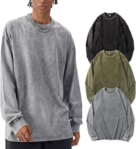Yimoon بلايز كبيرة الحجم للرجال قمصان قطنية طويلة الأكمام خمر حمض غسل فضفاض تيز عادية Crewneck تي شيرت in Saudi Arabia