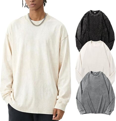 Yimoon بلايز كبيرة الحجم للرجال قمصان قطنية طويلة الأكمام خمر حمض غسل فضفاض تيز عادية Crewneck تي شيرت in Saudi Arabia