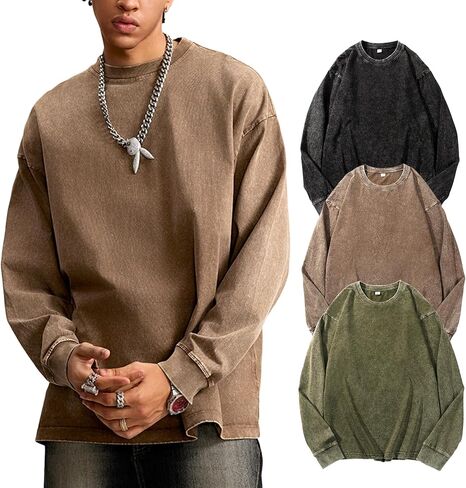 Yimoon بلايز كبيرة الحجم للرجال قمصان قطنية طويلة الأكمام خمر حمض غسل فضفاض تيز عادية Crewneck تي شيرت in Saudi Arabia