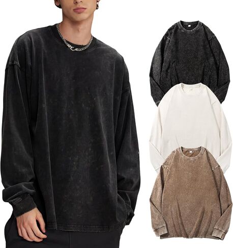 Yimoon بلايز كبيرة الحجم للرجال قمصان قطنية طويلة الأكمام خمر حمض غسل فضفاض تيز عادية Crewneck تي شيرت in Saudi Arabia