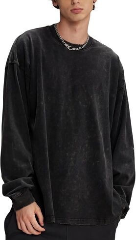 Yimoon بلايز كبيرة الحجم للرجال قمصان قطنية طويلة الأكمام خمر حمض غسل فضفاض تيز عادية Crewneck تي شيرت in Saudi Arabia