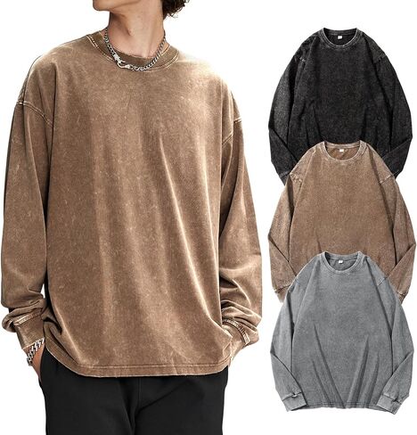 Yimoon بلايز كبيرة الحجم للرجال قمصان قطنية طويلة الأكمام خمر حمض غسل فضفاض تيز عادية Crewneck تي شيرت in Saudi Arabia