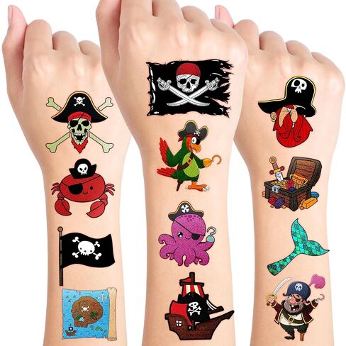 96PCS Pirate Pre-Cut Temporary Tattoos - Cute Pirate Ship, Mermaid, and Treasure Designs - Party Favors, Birthday Supplies, Classroom Rewards & Halloween Gifts in Kuwait