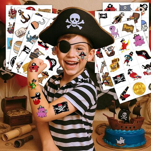 96PCS Pirate Pre-Cut Temporary Tattoos - Cute Pirate Ship, Mermaid, and Treasure Designs - Party Favors, Birthday Supplies, Classroom Rewards & Halloween Gifts in Kuwait