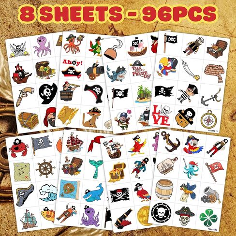 96PCS Pirate Pre-Cut Temporary Tattoos - Cute Pirate Ship, Mermaid, and Treasure Designs - Party Favors, Birthday Supplies, Classroom Rewards & Halloween Gifts in Kuwait