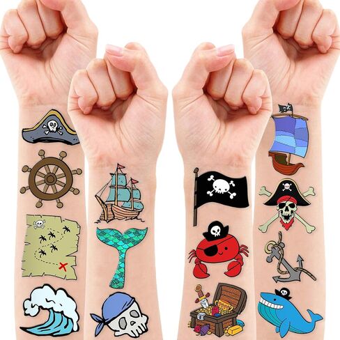 96PCS Pirate Pre-Cut Temporary Tattoos - Cute Pirate Ship, Mermaid, and Treasure Designs - Party Favors, Birthday Supplies, Classroom Rewards & Halloween Gifts in Kuwait