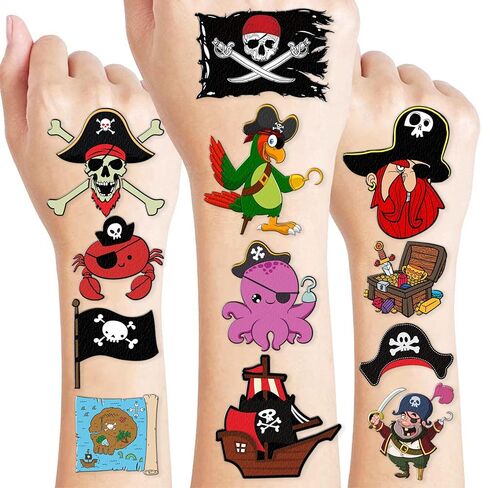96PCS Pirate Pre-Cut Temporary Tattoos - Cute Pirate Ship, Mermaid, and Treasure Designs - Party Favors, Birthday Supplies, Classroom Rewards & Halloween Gifts in Kuwait