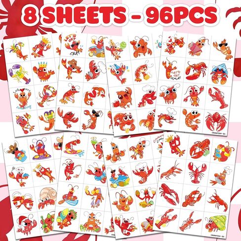 96 PCS Crawfish Boil Pre-Cut Temporary Tattoos for Kids | Super Cute Crawfish Themed Birthday Party Favors, Supplies, Decorations, Ocean Animal Tattoo Stickers, School Rewards & Gifts Boys & Girls in Kuwait