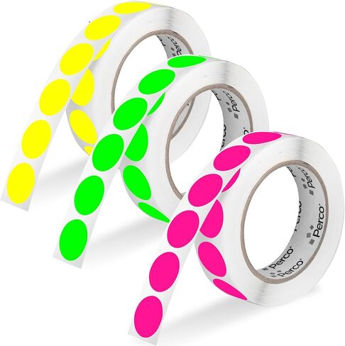 Perco 2-Inch Perforated Circle Dot Sticker Labels—3 Rolls, 1,500 Round Fluorescent Stickers (1 Green, 1 Yellow, 1 Pink)—with Permanent Adhesive for Organizing, Color Coding, Bin Labeling—Made in USA in Saudi Arabia