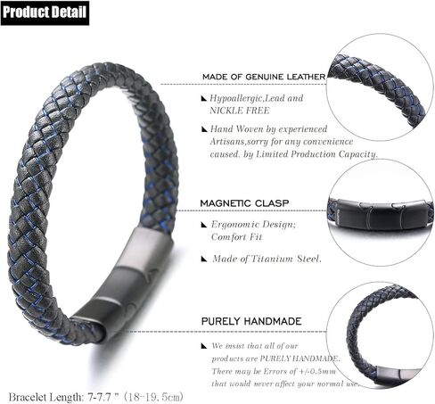 Halukakah Kids ● Jazz Junior ● Boy's Genuine Leather Handmade Braid Black Mix Blue/Red/Green Bracelet 13-16 Y/O. Titanium Magnetic Matt Clasp Size Adjustable 7"-7.7"(18-19.5cm) with Free Giftbox in Saudi Arabia