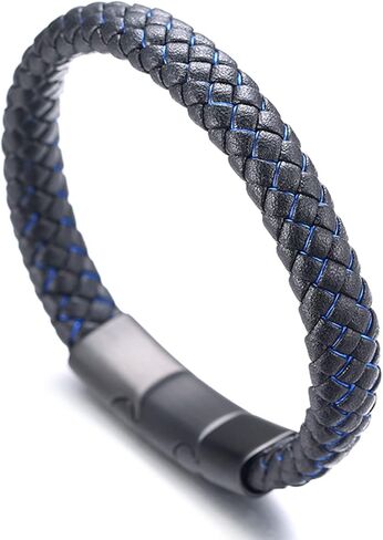 Halukakah Kids ● Jazz Junior ● Boy's Genuine Leather Handmade Braid Black Mix Blue/Red/Green Bracelet 13-16 Y/O. Titanium Magnetic Matt Clasp Size Adjustable 7"-7.7"(18-19.5cm) with Free Giftbox in Saudi Arabia