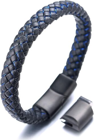 Halukakah Kids ● Jazz Junior ● Boy's Genuine Leather Handmade Braid Black Mix Blue/Red/Green Bracelet 13-16 Y/O. Titanium Magnetic Matt Clasp Size Adjustable 7"-7.7"(18-19.5cm) with Free Giftbox in Saudi Arabia