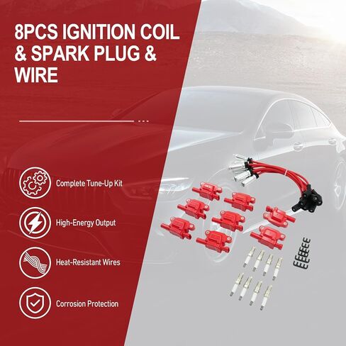 Ignition Coil & Spark Plug & Wire 8PCS compatible with Chevy Silverado 1500/Tahoe, GMC Yukon, Pontiac G8/Grand Prix, Hummer H3, Replaces OE UF413, D510C, 5C1554 in Kuwait