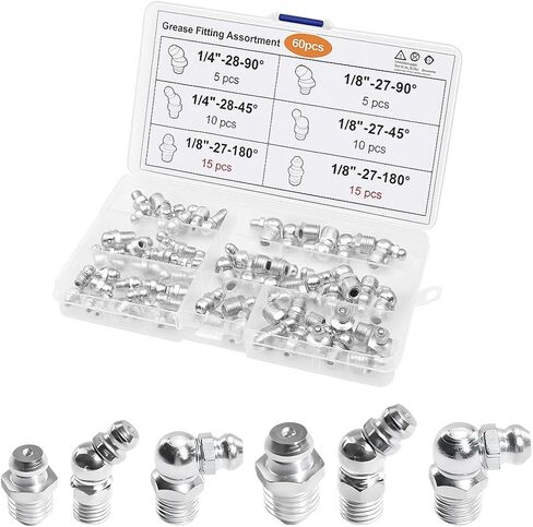 60PCS Car Grease Fittings Kit, 1/4 & 1/8 Inch Vehicle Hydraulic Grease Fitting Assortment Kit with Straight 45° & 90° Angle, Automotive Accessories, Universal for SUV RV Truck in Saudi Arabia