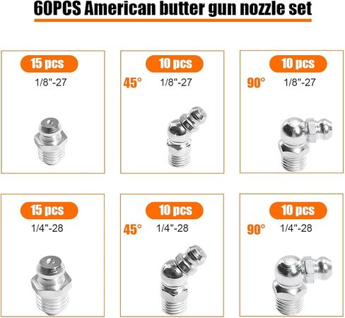 60PCS Car Grease Fittings Kit, 1/4 & 1/8 Inch Vehicle Hydraulic Grease Fitting Assortment Kit with Straight 45° & 90° Angle, Automotive Accessories, Universal for SUV RV Truck in Saudi Arabia