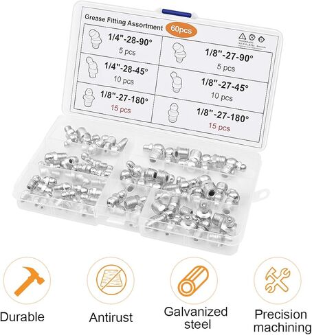 60PCS Car Grease Fittings Kit, 1/4 & 1/8 Inch Vehicle Hydraulic Grease Fitting Assortment Kit with Straight 45° & 90° Angle, Automotive Accessories, Universal for SUV RV Truck in Saudi Arabia