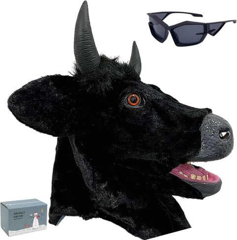 قناع فروي، رأس الثور، قرن الثور، فم متحرك، بقرة واقعية، وجه فروي، زي حيوان مخيف لحفلات الهالوين in Kuwait