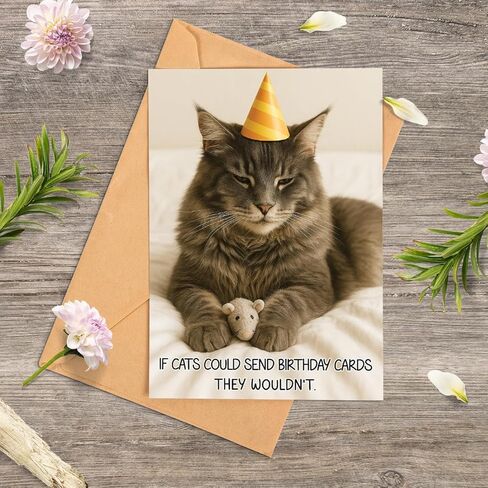 Funny Birthday Card – Cute Cat Birthday Card, Humorous Greeting Card for Him, Her, Friends, Men, Women – 5x7 Inches with Envelope – 350gsm Cardstock - Funny Gifts for Cat Lovers in Saudi Arabia