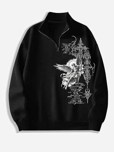 Mens Quarter-Zip Pullover Long Sleeve Mock Neck Sweatshirt Unsex Y2K Gothic Printed Vintage Tops in Saudi Arabia