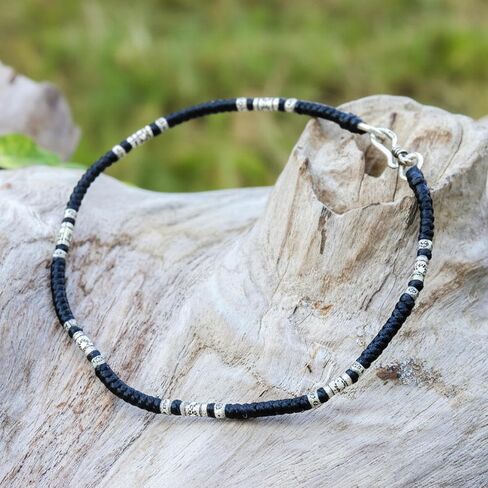 NOVICA Artisan Handmade Silver Anklet Artisan Crafted Black with Karen Hill Tribe Fine Beaded Thailand [9.75 in L 3 mm W] ' Wandering Black' in Saudi Arabia