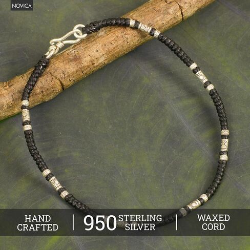NOVICA Artisan Handmade Silver Anklet Artisan Crafted Black with Karen Hill Tribe Fine Beaded Thailand [9.75 in L 3 mm W] ' Wandering Black' in Saudi Arabia
