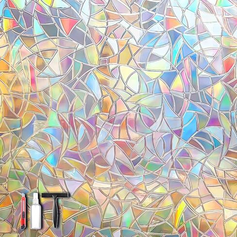 Rainbow 3D Window Privacy Stickers - Static Cling No Glue Film with Installation Tools, Anti UV Heat Block Stained Glass Look Decals Reusable for Home Glass Door Windows, 17.5 x 78.74 Inches in Saudi Arabia