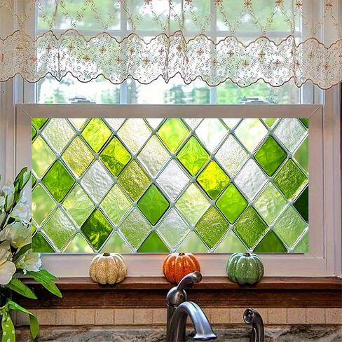 Green Diamond Pattern Window Film 39.3x17.7 Inch Stained Glass Privacy Cling Decorative Window Cover UV Blocking No Glue Static Film for Bathroom Kitchen Door Living Room Office in Saudi Arabia