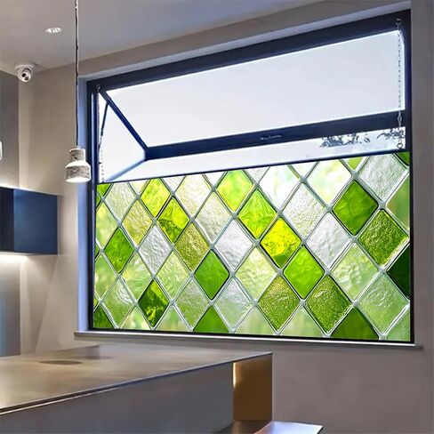 Green Diamond Pattern Window Film 39.3x17.7 Inch Stained Glass Privacy Cling Decorative Window Cover UV Blocking No Glue Static Film for Bathroom Kitchen Door Living Room Office in Saudi Arabia