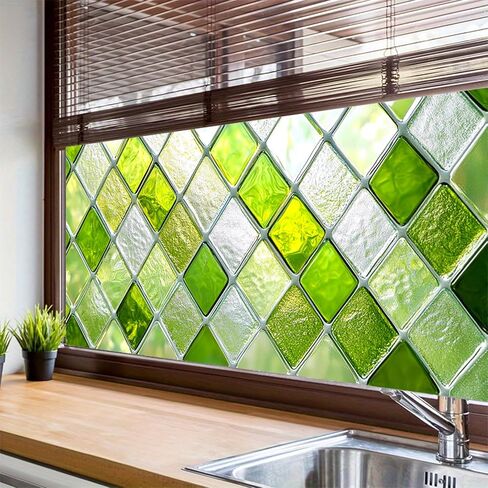 Green Diamond Pattern Window Film 39.3x17.7 Inch Stained Glass Privacy Cling Decorative Window Cover UV Blocking No Glue Static Film for Bathroom Kitchen Door Living Room Office in Saudi Arabia