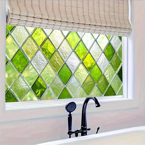 Green Diamond Pattern Window Film 39.3x17.7 Inch Stained Glass Privacy Cling Decorative Window Cover UV Blocking No Glue Static Film for Bathroom Kitchen Door Living Room Office in Saudi Arabia