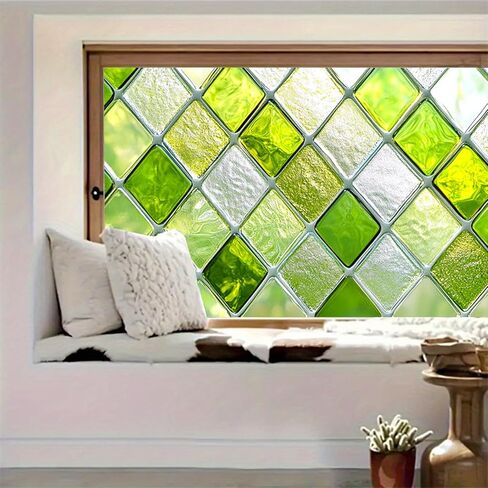 Green Diamond Pattern Window Film 39.3x17.7 Inch Stained Glass Privacy Cling Decorative Window Cover UV Blocking No Glue Static Film for Bathroom Kitchen Door Living Room Office in Saudi Arabia