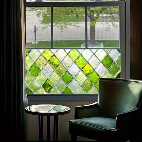 Green Diamond Pattern Window Film 39.3x17.7 Inch Stained Glass Privacy Cling Decorative Window Cover UV Blocking No Glue Static Film for Bathroom Kitchen Door Living Room Office in Saudi Arabia
