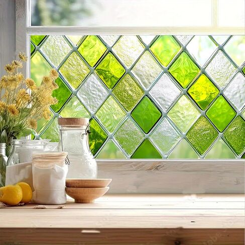 Green Diamond Pattern Window Film 39.3x17.7 Inch Stained Glass Privacy Cling Decorative Window Cover UV Blocking No Glue Static Film for Bathroom Kitchen Door Living Room Office in Saudi Arabia