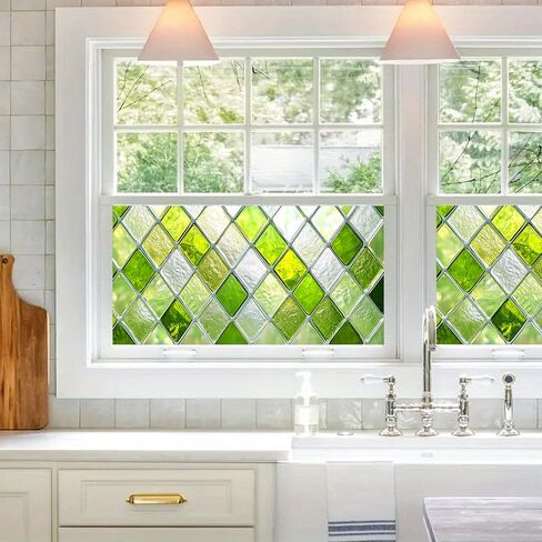 Green Diamond Pattern Window Film 39.3x17.7 Inch Stained Glass Privacy Cling Decorative Window Cover UV Blocking No Glue Static Film for Bathroom Kitchen Door Living Room Office in Saudi Arabia