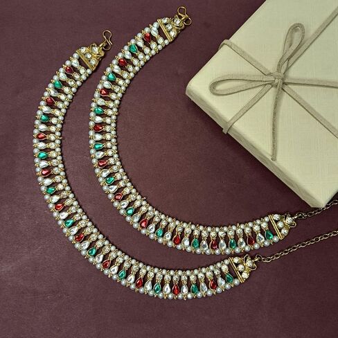 Efulgenz Indian Anklets for Women Crystal Bollywood Faux Pearl Bridal Anklet Set Indian Payal Ankle Bracelets Jewelry for Women in Saudi Arabia