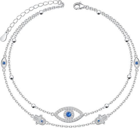 925 Sterling Silver Evil Eye Anklet Double Layer Adjustable Anklets with Hamsa Protection Jewelry Gift in Saudi Arabia
