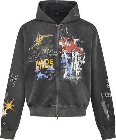 Y2K كنزات بقلنسوة مطبوعة على الجدران للرجال والنساء، سترات غير رسمية فضفاضة للأزواج in Kuwait