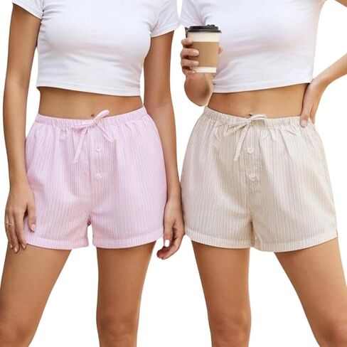 Women's A Line Shorts Elastic Waist Drawstring Two Piece Set Vertical Stripe Relaxed Fit Versatile Casual in Saudi Arabia