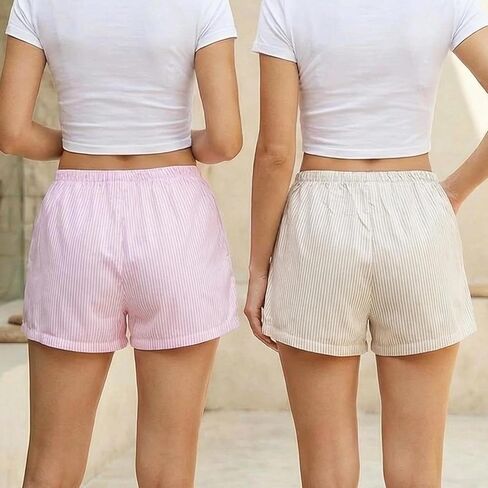 Women's A Line Shorts Elastic Waist Drawstring Two Piece Set Vertical Stripe Relaxed Fit Versatile Casual in Saudi Arabia